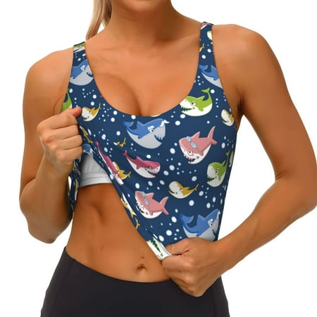 Qokaie Colorful Cartoon Shark Pattern Womens Scoop Neck Sports Bra Breathable Workout Vest Padded U Back Medium Impact Fitness Gym Yoga Bra Workout Crop Top