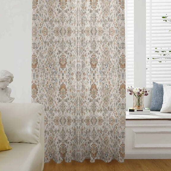 Vintage Boho Semi Sheer Curtains Drapes for Living Room, Bedroom, French Doors Window 54 Inches Long, Retro Southwestern Ethnic Mexican Floral Rod Pocket Chiffon Curtain Drapery Voile Drape Panel