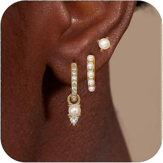 Gold Pearl Earrings Set for Women, Pearl Hoop Dangle Drop Earrings, Dainty 14K Gold Plated Hypoallergenic Earring Stacks, Jewelry Gifts for Women/MomT