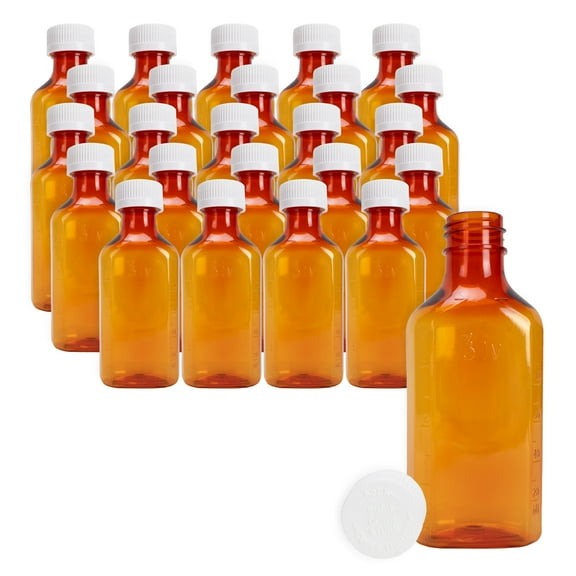 Plastic Amber Oval Medicine Bottles, Liquid 4oz, Child Resistant Cap/Safety Lid, Pharmacy Prescription Dispensing Bottle, 25 Count