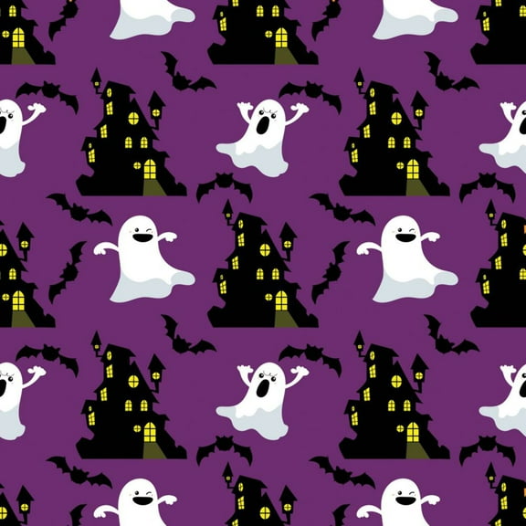 Halloween Ghosts and Haunted House on Purple 100% Cotton Fabric