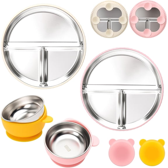 2-Piece Stainless Steel Baby Plates and Bowls with Suction Cups, Divided Children's Plates and Bowls, with Removable Silicone Suction Cups, Non-Slip Baby Feeding Set, Dishwasher Cleanable.