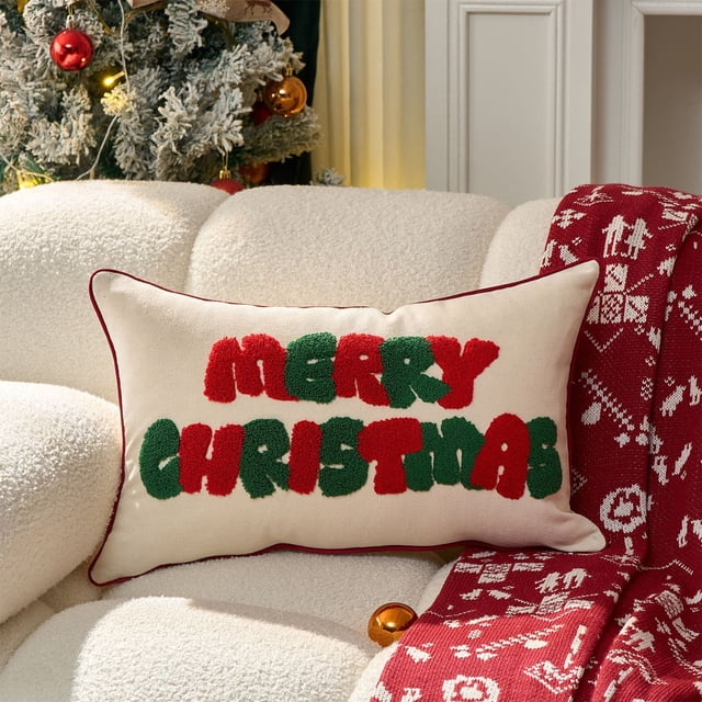 Funda de Cojín Bordada Navideña con Copos de Nieve Rojos, Ideal para Sala de Estar, Sofá, Dormitorio, Decoración Navideña.