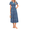 thumbnail image 1 of Vestidos Largos de Verano para Mujer 2025, Informales, con Escote en V, Corta Abullonada, Fruncidos, Holgados, Estilo Bohemio , con Estampado Floral, Color Azul S, 1 of 10