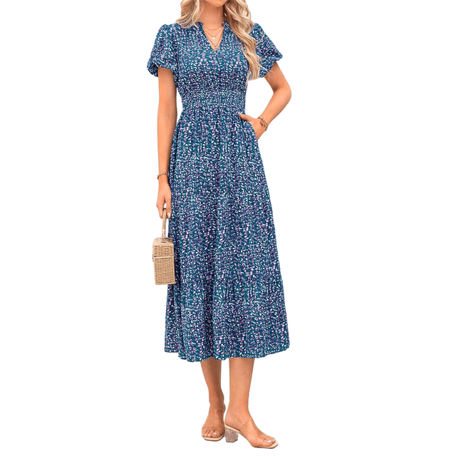 Vestidos Largos de Verano para Mujer 2025, Informales, con Escote en V, Corta Abullonada, Fruncidos, Holgados, Estilo Bohemio , con Estampado Floral, Color Azul S