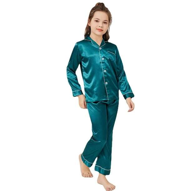 Conjunto de pijama de seda satinada para niños y niñas, ropa de dormir clásica, Top y pantalones de manga larga, venta al por mayor, D58