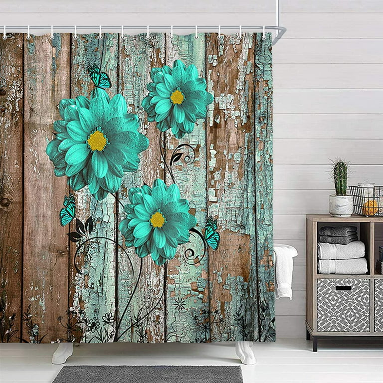 Rustic Teal Floral Shower Curtain, Modern Farmhouse Shower Curtain Set  Fabric Turquoise Blue Flower on Grey Wooden Curtains, Vintage Country Farm  Style Bathroom Restroom Decor Accessories, (47X64in) 