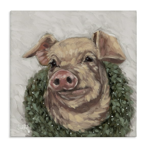 Stupell Industries Pig with Holiday Wreath Holiday Painting Gallery Wrapped Canvas Art Prints Wall Art, 17 x 17