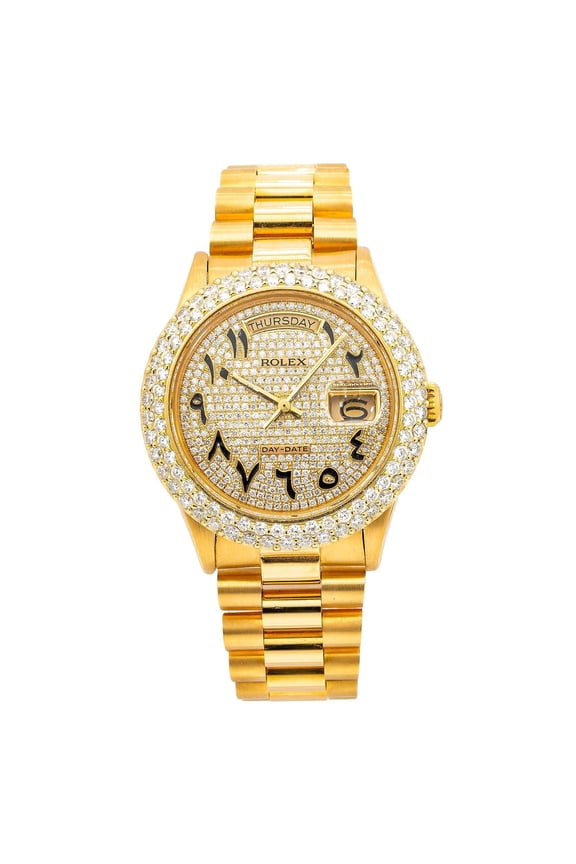 Pre-Owned Rolex Day-Date 36MM 18038 Diamond Paved Eastern Arabic Dial Diamond Bezel 18K Yellow Gold President Bracelet