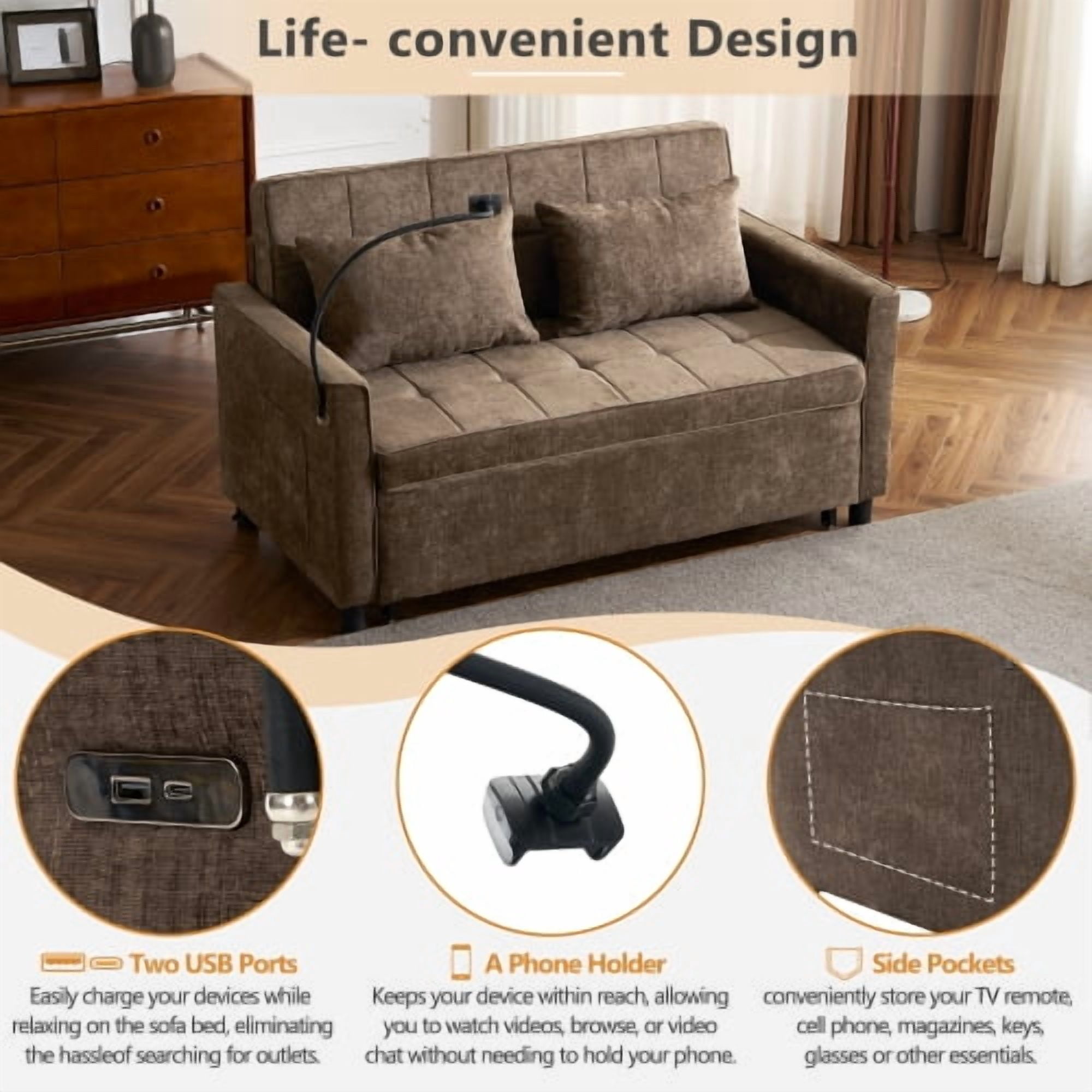 56.9" Loveseat Pull-Out Sofa Bed, Convertible Sleeper Sofa with Reversible Backrest, USB Ports & Phone Holder, Chenille Couch for Living Room, Brown