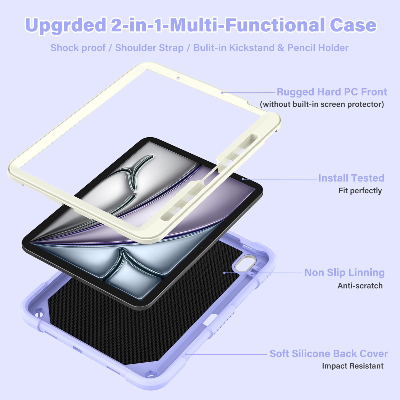 For iPad Air 11 M4 M3 M2 2026 2025 2024 Case, Cute Butterfly Design Heavy Duty Shockproof Shoulder Strap Pencil Holder Kickstand Bumper Kids Friendly Rugged Case for Apple iPad Air 11", Purple+Beige