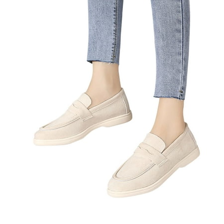

Lovskoo 2024 Flats Loafers Comfortable Loafers For Women Round Toe Faux Suede Slip-On Moccasins Shoes Classic Casual Driving Penny Loafers Beige