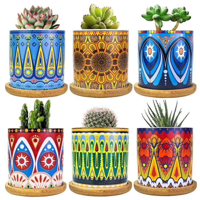 Ascrafter Maceta Suculenta Mandala Con Orificio De Drenaje Y Posavasos De Bambú, Macetas Pequeñas, Maceta Suculenta De Cerámica Bohemia Para Plantas Pequeñas, Paquete De 6