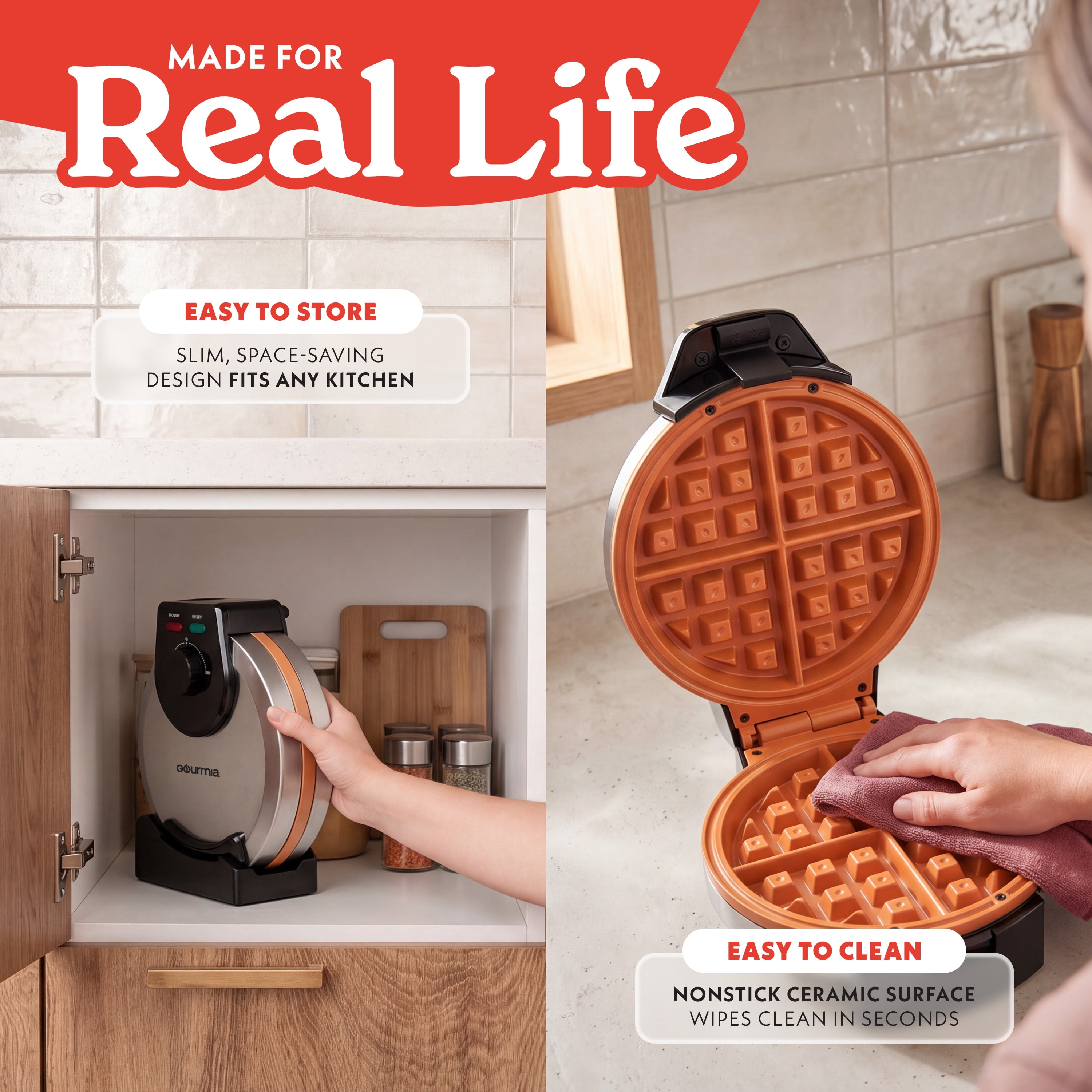 Gourmia Belgian Waffle Maker with Dual Heating, Nonstick Ceramic Plates & Browning Control