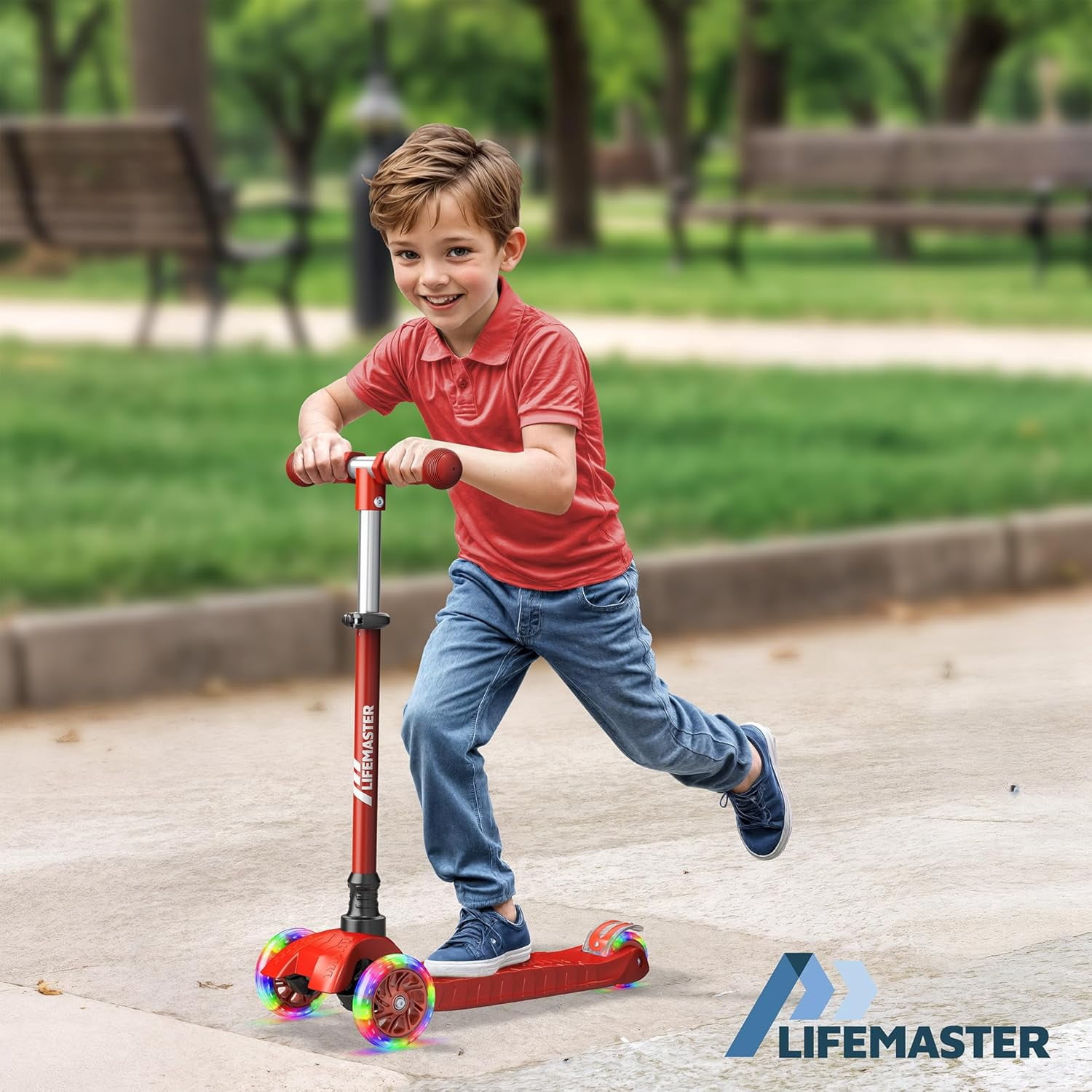 Lifemaster Mini 3-Wheel Kids Scooter with Multi-Color Wheel Lights – 4-Height Adjustable Handlebar, Wide Anti-Slip Deck, Child Safety Certified, Boys & Girls Ages 2+ Supports Up to 110 lbs