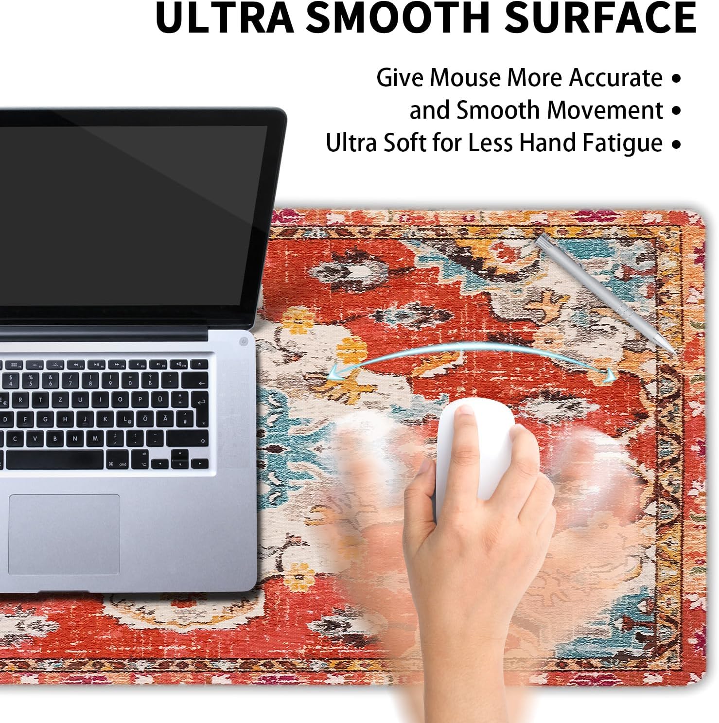 Vintage Rug Mouse Pad XXL Red Orange Retro Carpet Aesthetic Extended Table Mat 90X40 cm Non-Slip Rubber Base Stitched Edge Large Mousepad for Gaming Laptop Computer Desk Top 35.4×15.7 Inch
