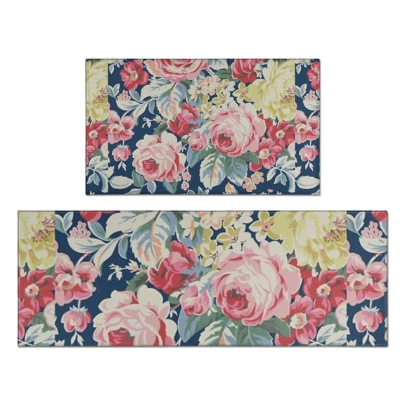 Pioneer Flower Floral Print Pattern Kitchen Rugs Sets Of 2,Anti Fatigue Kitchen Mat Rugs Non Slip Washable,Decorative Kitchen Floor Mats for Kitchen,Sink,Laundry,17"x30" 17"x47"