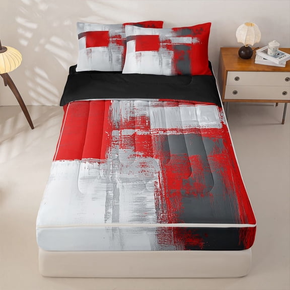 Homewish Red Abstract Ombre Zipper Twin Comforter Sets with Fitted Sheet and 2 Pillowcases,Grunge Aesthetic Zipper Bedding Set,Black Reversible,4pcs