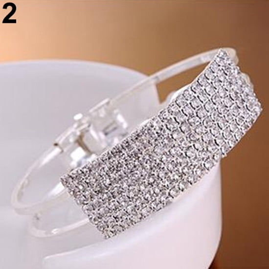 xeoereki New Fashion Elegant Women Bangle Wristband Bracelet Crystal Cuff Bling Lady Gift Silver
