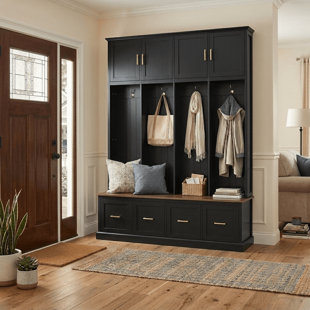 Howcool Farmhouse 59"W Hall Tree with 4 Hooks & Shoe Storage Bench,Entryway Organizer Mudroom Furniture with Upper Cabinets,Drawers,Black