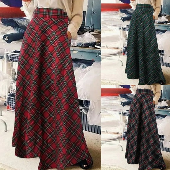 Womens High Waist Casual Loose Plaid Maxi Basic Simple Skirt Black S YIWEI