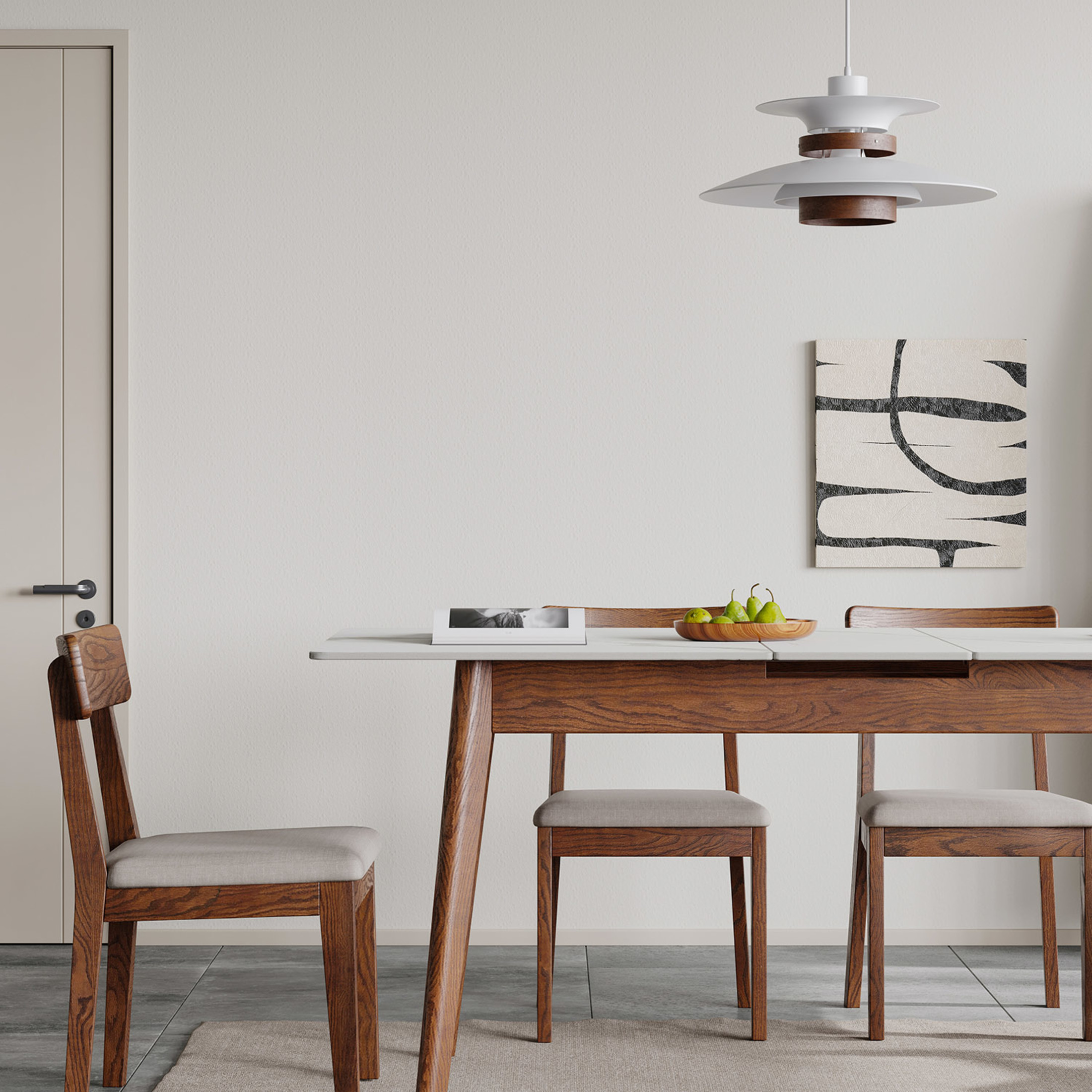 Walnut Solid Oak Dining Table with White Slate Top, Round Corner and Diagonal Legs, Telescopic Extendable 1.2-1.5m Table for 6-8 People, Adjustable Length, Walnut + White