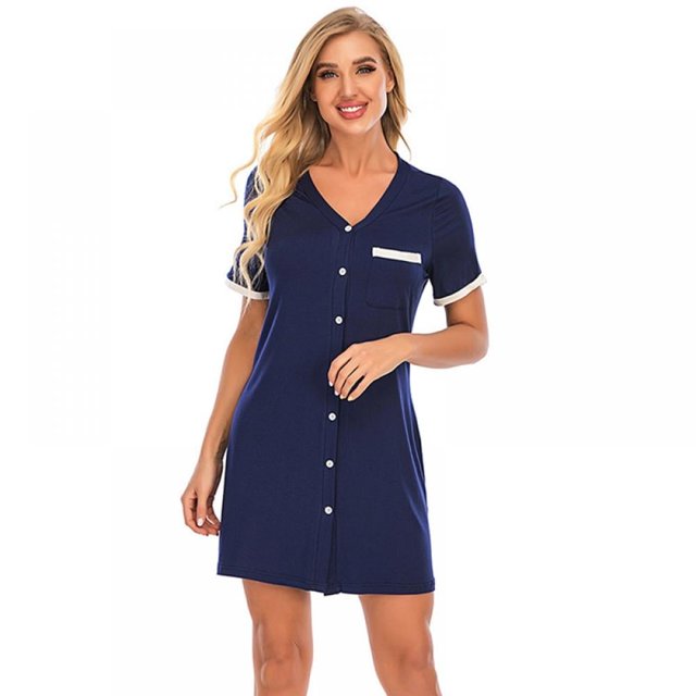 Chemise de Nuit pour Femmes Été à Manches Courtes en Coton Robe à Boutons à Simple Boutonnage avec Poche