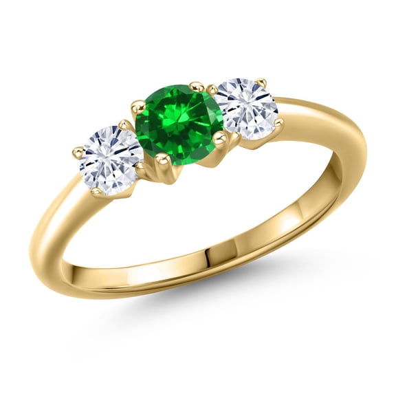 Gem Stone King 10K Yellow Gold Green Created Emerald and White Moissanite Engagement Ring for Women | 1.30 Cttw | Round 5MM | Gemstone May Birthstone | Size 5