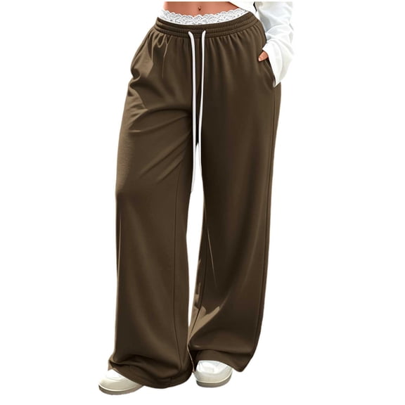 cocolona Womens Casual Solid Color Lace Sweatpants Elastic Waist Drawstring Wide Leg Travel Lounge Pants with Pockets
