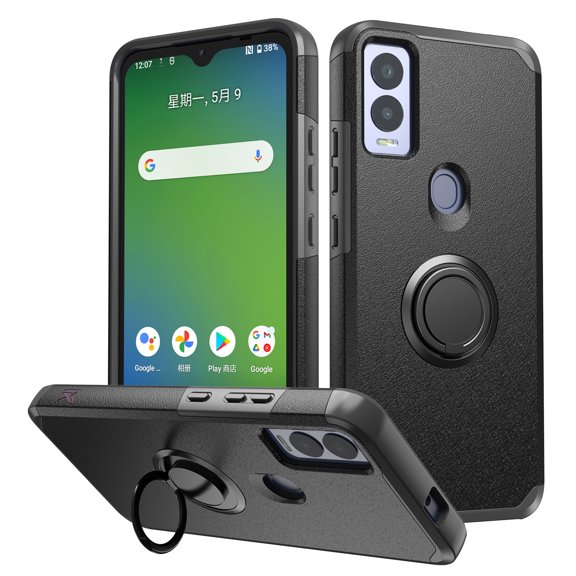 For Cricket Magic 5G 2023 Ring Kickstand Cellphone Cover Case   Tempered Glass - mkrng Black