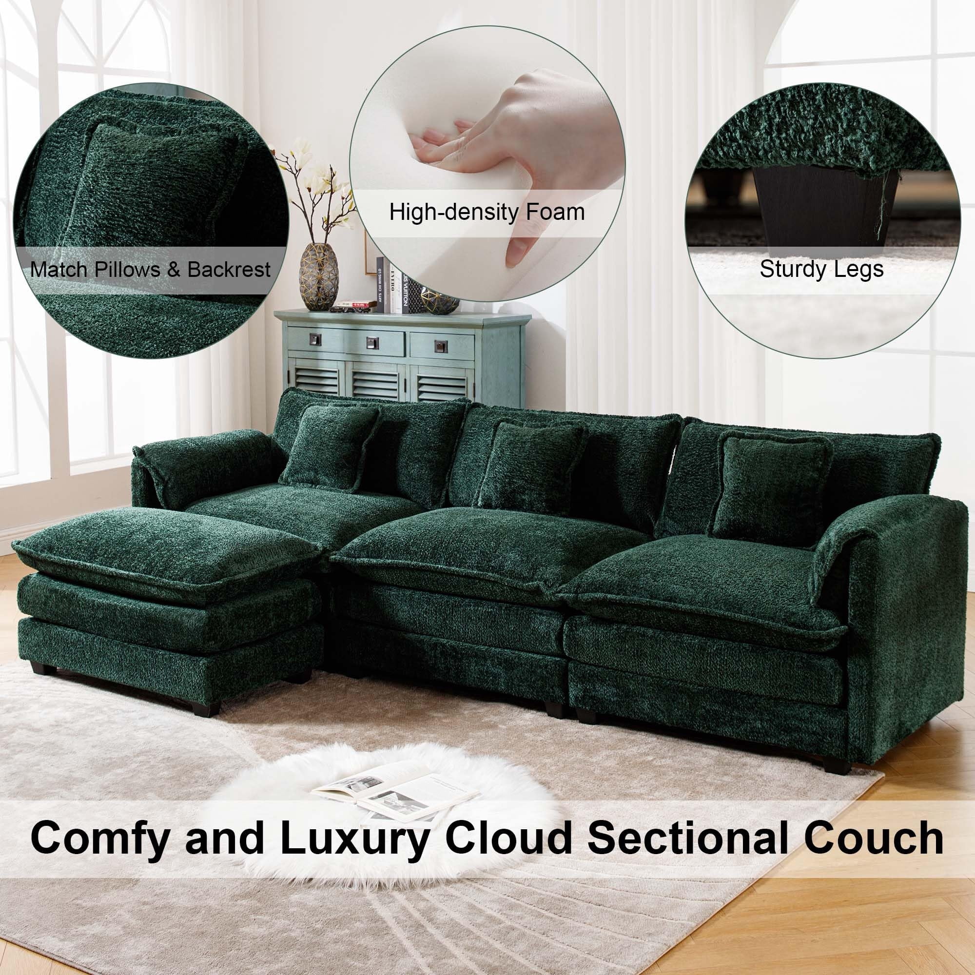 GNIXUU 112" Oversized Sectional Sofa Cloud Couch for Living Room, Modern Chenille L Shaped Couch, Comfy Boucle Modular Sofa Sleeper with Moveable Ottoman & Memory Foam (Green)