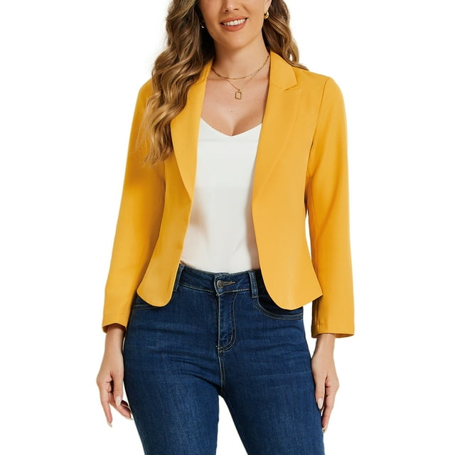 Blazer Chic para Mujeres Abierto Frontal para Trabajar Traje Corto de Verano Chaqueta Amarillo Oscuro Sólido L