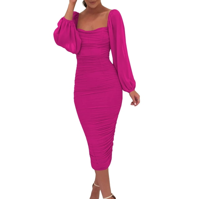 Mialoley Women's Slim Midi Dress Solid Color Long Sleeve Square Neck Slit Ruched Dress Party Gown