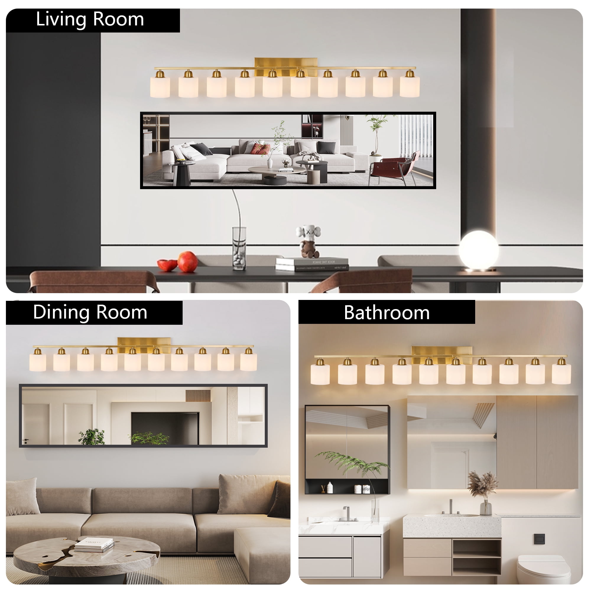 Miniyam 65 in 8 Light Gold Vanity Light for Bathroom, Wall-Mounted Fixtures Over Mirror, E26, No Bulbs Included