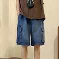 thumbnail image 2 of Jean Shorts Men Baggy Drawstring Knee Length Wide Leg Cargo Jeans Shorts Casual Summer Loose Fit Street Men's Denim Shorts, 2 of 9