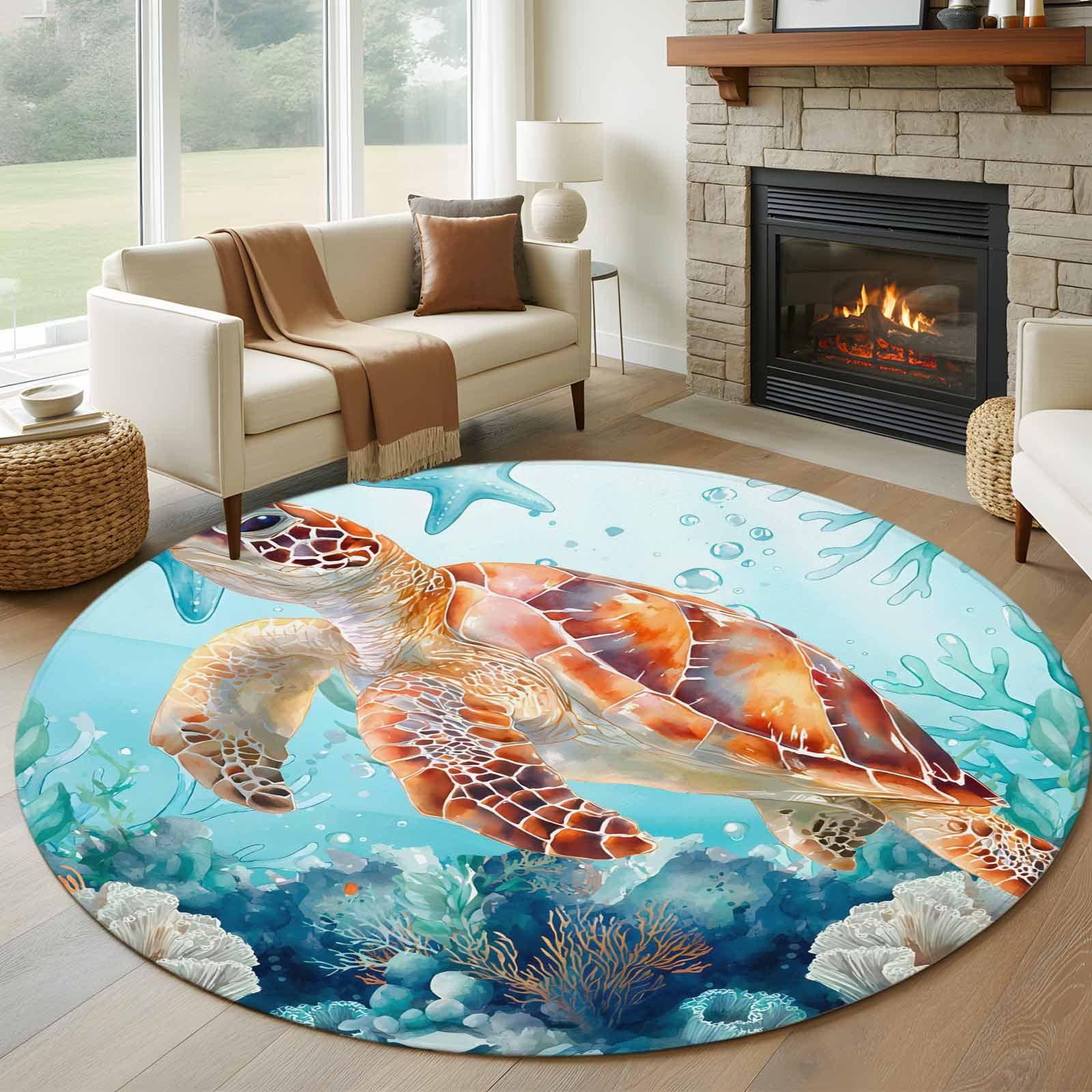 Round Area Rug 5ft Tropical Sea Turtle Non-Slip Non-Shedding Floor Mat Underwater Turquoise Coral Starfish Washable Sturdy Carpet for Living Room Bedroom Home Decor