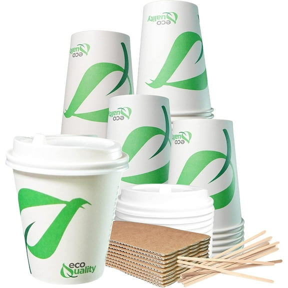 10 oz Compostable Paper Cups with White Dome Lids, Sleeves and Wooden Stirrers - Biodegradable Disposable White Paper Coffee Cups PLA Lined - Eco-friendly Hot and Cold Drinking Cups (25)