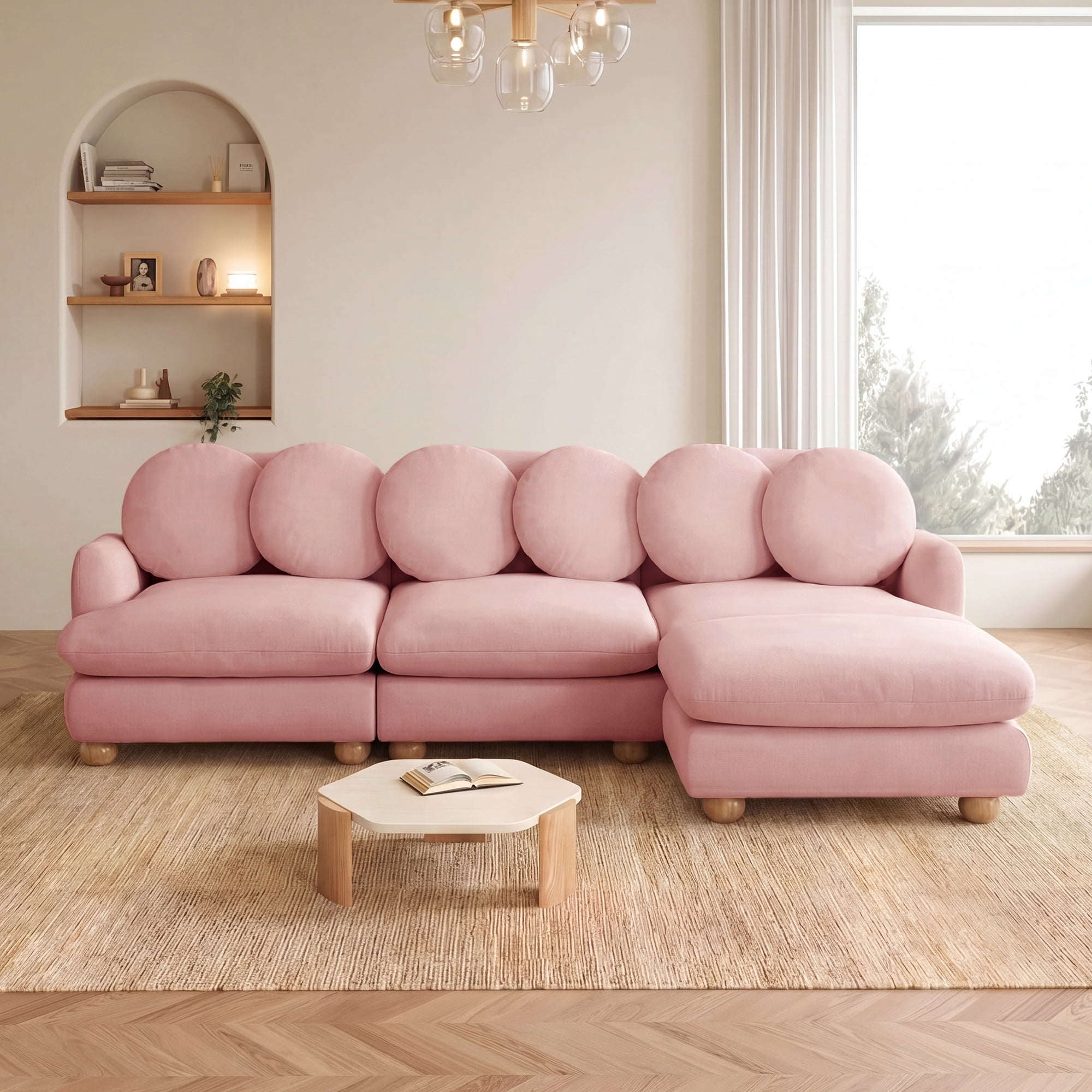 95" L-shaped 4 Seater Comfy Chenille Modular Sectional Sofa Couch with 6 Throw Pillows and Ottoman