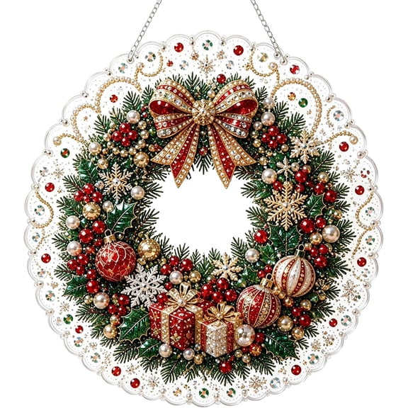 Christmas Pearl Diamond Painting Suncatcher Kit, Acrylic Round Board with Lace Edge, Christmas Pearls Beads Art Craft, 3D Mixed-Sized Pearl Beads Craft, Festive Window Wall Decor(C)