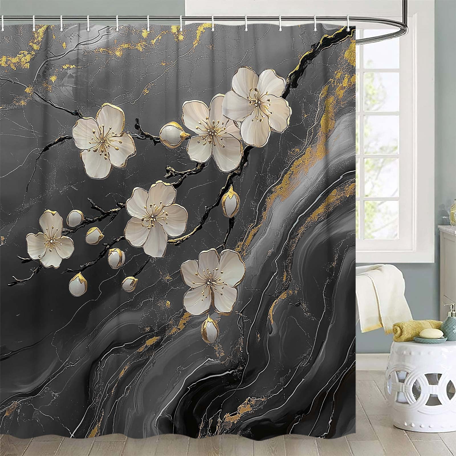Black Grey Shower Curtain, Abstract Black Grey Marble 3D Floral Modern Luxury Shower Curtain Set for Bathroom, Waterproof Fabric Marble Bath Curtains with Hooks,72X72IN
