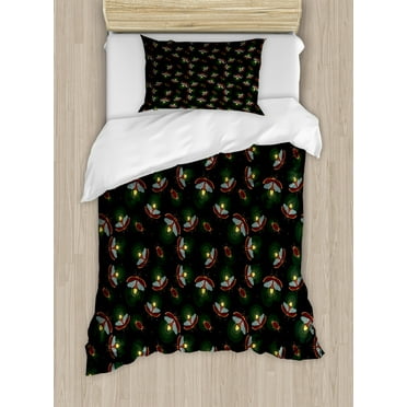 Firefly Duvet Cover Set Twin Size, Magic Creatures Insects at Night Woodland Beetles Dark Toned Illustration, Decorative 2 Piece Bedding Set with 1 Pillow Sham, Dark Green Burgundy, by Ambesonne