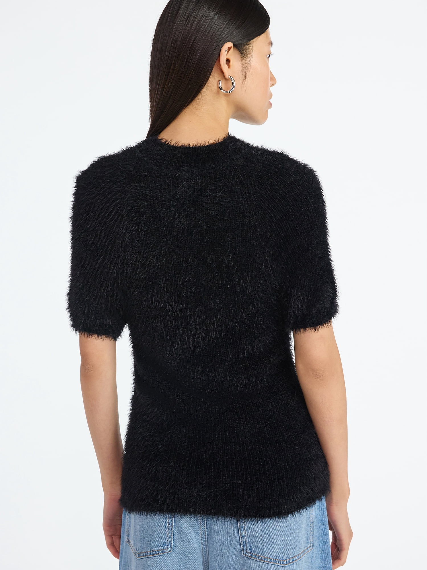 Scoop Women’s Fuzzy Sweater Top with Short Sleeves, Lightweight, Sizes XS-XXL