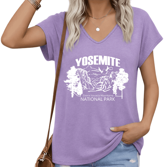 UNISHE Women Yosemite National Park V Neck Short Sleeve T Shirt Sierra Nevada Mountain Graphic Casual Plus Size Tee S-5XL