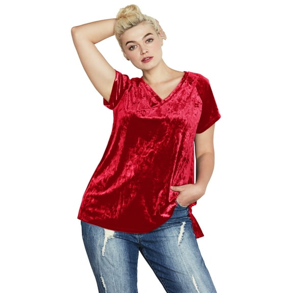ellos Women's Plus Size Crushed Velour Tee - 34/36, Classic Red