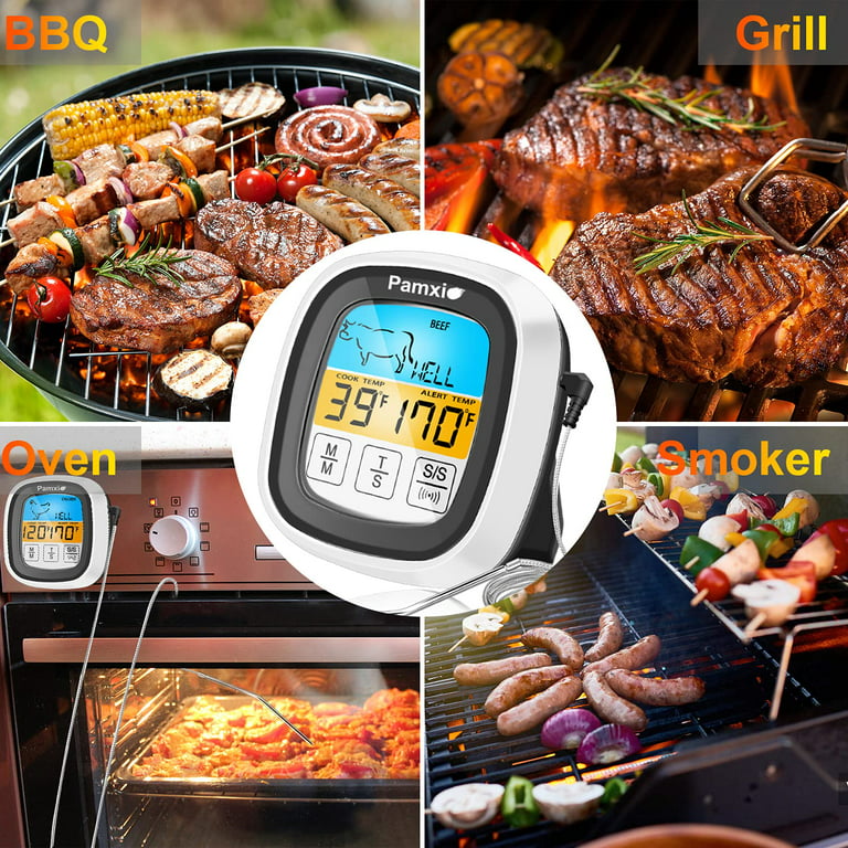Pamxio Digital Meat Thermometer, Food Cooking BBQ Thermometer Touch Screen Temperature  Meter with Timer Probe for Oven BBQ Kitchen Food Cooking, White 