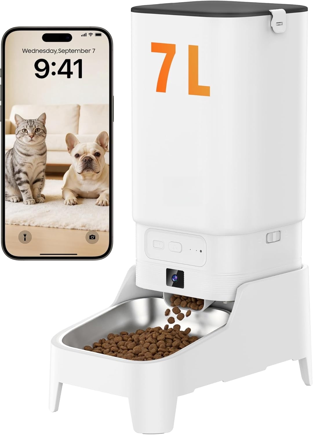 Automatic Cat Feeder with Camera, 7L Large Capacity WiFi Smart Pet Feeder with Elevated Bowl, 1080P Night Vision, 2 Way Audio, Timed Feeding for Cats and Dogs, Easy Control