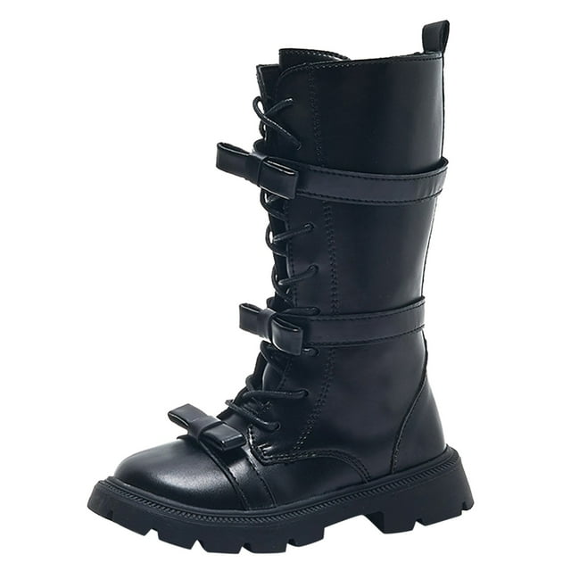 QHFBli Girls Leather Lace Up Combat Knee High Boots with Side Zipper Fashion Buckle Straps Comfort Round Toe Chunky Heels Riding Boots Black 7-8 Years