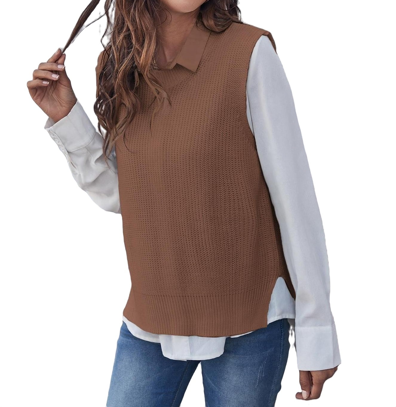 Womens Sweater Vests Casual Plain Round Neck Coffee Brown S