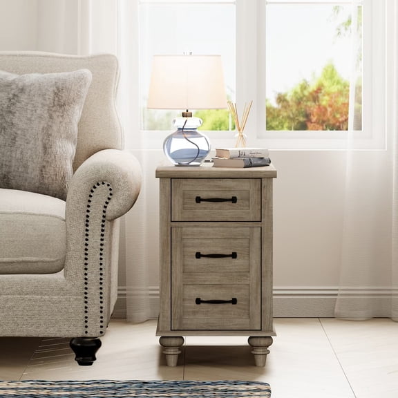 Gray End Table with Drawer & Cabinet, Wooden Side Table Nightstand with Charging Station for Living Room & Bedroom