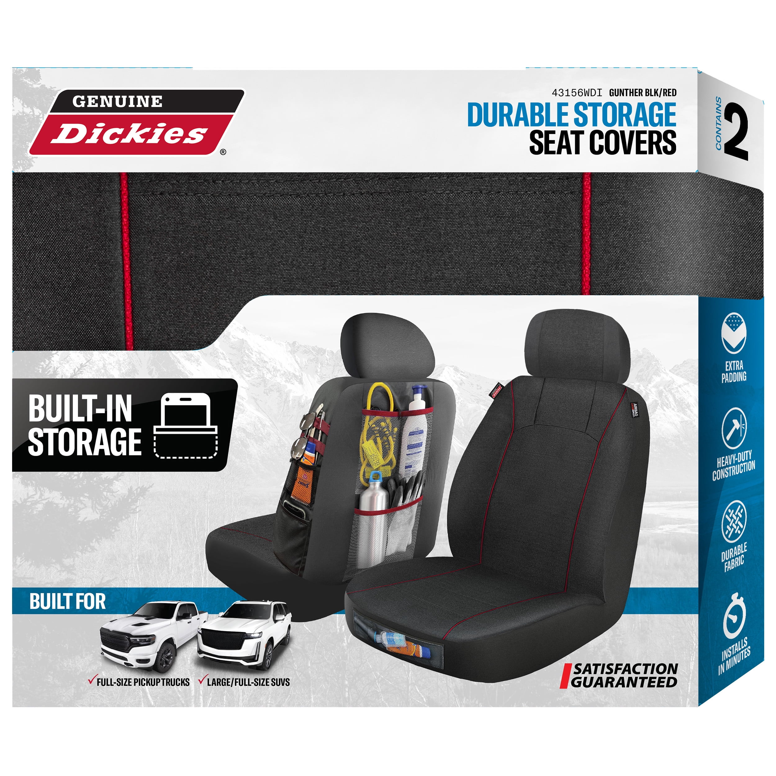 Genuine Dickies 2 Piece Universal Front Car Seat Covers with Storage - Black and Red, 43156WDI